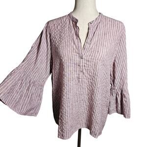 Lucky Brand 3/4 Bell Sleeve Textured Cotton Top Heathered Pink& White Striped LG